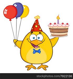 Cute Yellow Chick Holding Up A Colorful Balloons And Birthday Cake