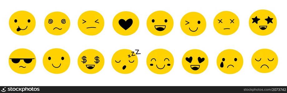 Cute yellow emoticons. Isolated emoticon, emoji social messages characters. Sad angry happy expressions, emotions reactions vector set. Illustration yellow emoticon face, smile character expression. Cute yellow emoticons. Isolated emoticon, emoji social messages characters. Sad angry happy expressions, emotions reactions exact vector set