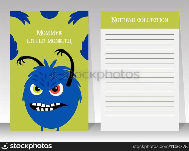 Cute yellow notebook template with angry blue monster, vector illustration. Cute notebook template with angry monster