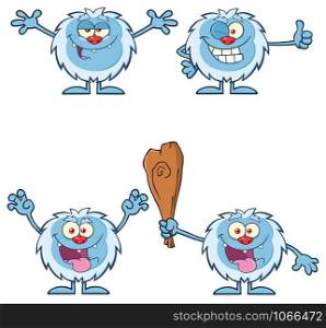 Cute Yeti Cartoon Mascot Character Set 4. Vector Collection Isolated On White Background