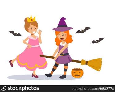 Cute Young 2 girls in witch/ magician princess costume are playing each other in Halloween festive.Flat character Vector illustration.