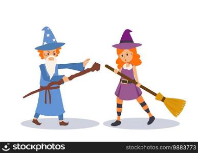 Cute Young boy and girl in wizard /witch/ magician costume are playing each other in Halloween festive.Flat character Vector illustration.