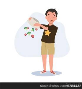 cute young boy,kid do not want to eat vegetable, salad. children hate vegetables. Flat vector cartoon illustration