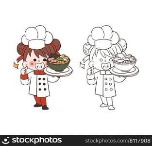 Cute young chef girl smiling and holding a bowl of ramen.cartoon vector art illustration
