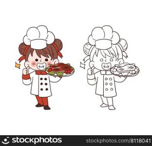 Cute young chef girl smiling and holding a pork steak.cartoon vector art illustration