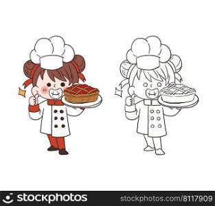 Cute young chef girl smiling and holding a strawberry pie.cartoon vector art illustration