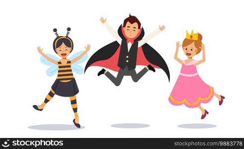 Cute Young children in Halloween costume are jumping up, Happy kids jumping. Dracula v&ire,bee,princess. Flat character Vector illustration.