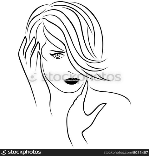 Cute young girl corrects her short forelock hairstyle. The hair covers almost half face. Vector outline