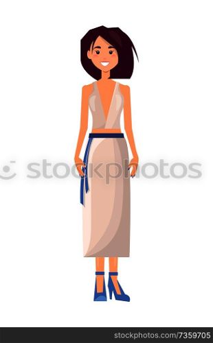 Cute young girl in summer white wear colorful card, fashion heeled shoes, long belt, vogue top with open chest, stylish skirt vector illustration.. Cute Young Girl in Summer White Wear Colorful Card