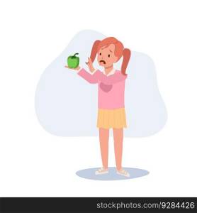 cute young girl,kid do not want to eat vegetable, Green bell pepper. children hate vegetables. Flat vector cartoon illustration