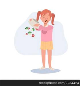 cute young girl,kid do not want to eat vegetable, salad. children hate vegetables. Flat vector cartoon illustration