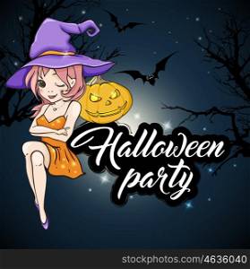 Cute young witch and pumpkin. Design for Halloween party. Vector illustration.