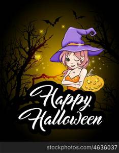 "Cute young witch and pumpkin. Halloween greeting card. "Happy Halloween" lettering. Vector illustration."