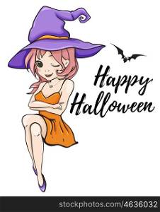 Cute young witch on a white background. Halloween greeting card. Hand drawn vector illustration.