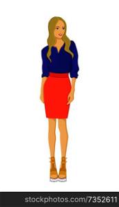 Cute young woman in bright skirt and shirt, vector illustration isolated on white background, blue and red clothes, pretty yellow shoes on platform. Cute Young Woman in Bright Skirt and Shirt