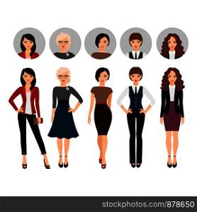 Cute young woman in different style clothes with face avatar icons vector set. Young woman in different style clothes