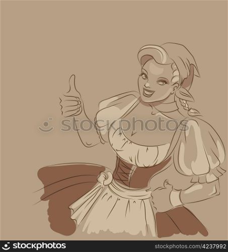 Cute young woman in dirndl is showing thumbs-up sign. toned sketch. eps 10 with transparency and effects