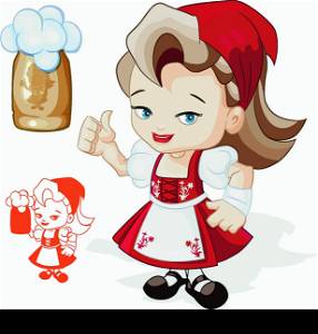 Cute young woman in red dirndl is showing thumbs-up sign. Mug of beer can be placed on hand. Silhouette with mug added.