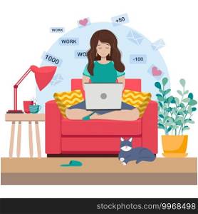 Cute young woman sitting on chair with laptop computer in cozy room. Daily life of freelance worker, everyday routine. Flat cartoon. Cute young woman sitting on comfy chair with laptop computer in cozy room. Daily life of freelance worker, everyday routine.