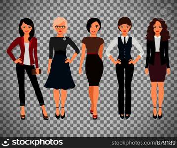 Cute young women in different style clothes vector illustration. Businesswoman and office girl character isolated on transparent background. Cute young women on transparent background