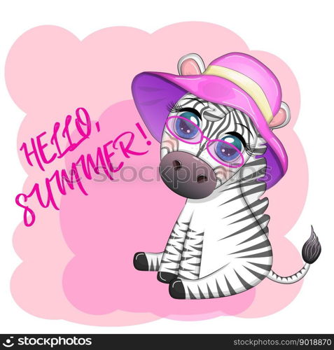 Cute zebra in a beach hat, childish character. Animal in summer clothes. Summer holidays, vacation.. Cute zebra in a beach hat, childish character. Animal in summer clothes. Summer holidays, vacation