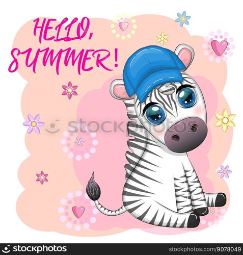 Cute zebra in a beach hat, childish character. Animal in summer clothes. Summer holidays, vacation.. Cute zebra in a beach hat, childish character. Animal in summer clothes. Summer holidays, vacation