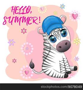 Cute zebra in a beach hat, childish character. Animal in summer clothes. Summer holidays, vacation.. Cute zebra in a beach hat, childish character. Animal in summer clothes. Summer holidays, vacation