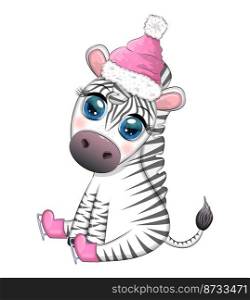 Cute zebra in a hat and scarf, skating, winter. Wildlife Holidays Cartoon Character. Cute zebra in a hat and scarf, winter. Wildlife Holidays Cartoon Character