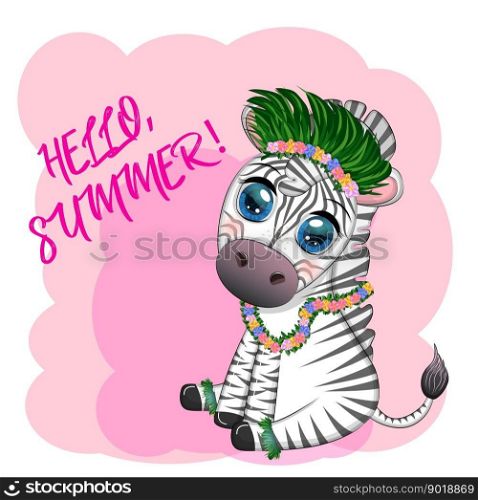 Cute zebra in hula dancer costume, Hawaii, child character. Animal in summer. Summer holidays, vacation. Cute zebra in hula dancer costume, Hawaii, child character. Summer holidays, vacation