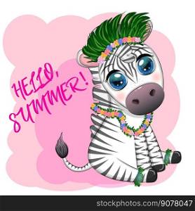 Cute zebra in hula dancer costume, Hawaii, child character. Animal in summer. Summer holidays, vacation. Cute zebra in hula dancer costume, Hawaii, child character. Summer holidays, vacation
