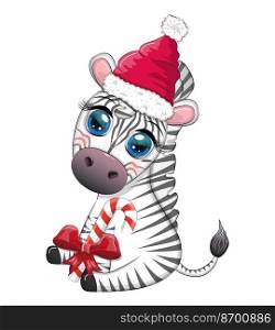 Cute zebra in red santa hat with christmas ball, candy kane, gift. Wildlife holidays cartoon character.. Cute zebra in santa hat with christmas ball, candy kane, gift. Wildlife holidays cartoon character.