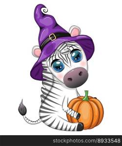 Cute zebra in witch hat, with broom, pumpkin jack, magic potion. Poster, card, label and decoration for Halloween party. Trick or Treat. Cute zebra in witch hat, with broom, pumpkin jack, magic potion. Poster, card, label and decoration for Halloween