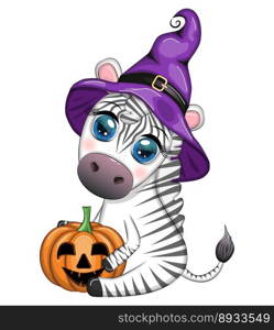 Cute zebra in witch hat, with broom, pumpkin jack, magic potion. Poster, card, label and decoration for Halloween party. Trick or Treat. Cute zebra in witch hat, with broom, pumpkin jack, magic potion. Poster, card, label and decoration for Halloween