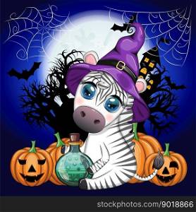 Cute zebra in witch hat, with broom, pumpkin jack, magic potion. Poster, card, label and decoration for Halloween party. Trick or Treat. Cute zebra in witch hat, with broom, pumpkin jack, magic potion. Poster, card, label and decoration for Halloween