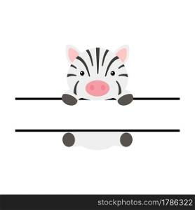 Cute zebra split monogram. Funny cartoon character for shirt, scrapbooking, print, greeting cards, baby shower, invitation, home decor. Bright colored childish stock vector illustration.