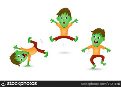 Cute zombie three acts. Halloween characters design. Happy Halloween concept. Illustration isolated on white background.