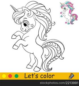 Cuteand funny little unicorn. Coloring book page with color template. Vector cartoon illustration. For kids coloring, card, print, design, decor and puzzle.