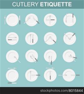 Cutlery etiquette. Dining etiquette. Set various options for location of plugs and knife on plate in restaurant. Restaurant etiquette. Rules of conduct at table&#xA;