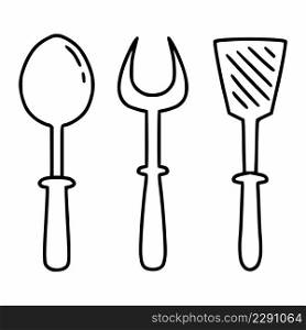 Cutlery for cooking in kitchen. Spoon, fork, and spatula. Vector icon in doodle style.