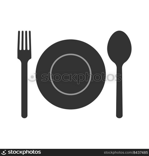 Cutlery icon. Plate, spoon and fork on white background