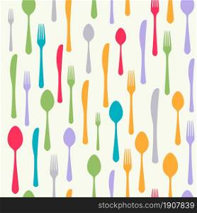 Cutlery icon seamless pattern. Fork, knife, spoon silhouettes and contours in different sizes and colors. texture for menu. Vector illustration in flat style.. Cutlery icon seamless pattern.