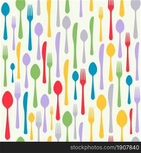 Cutlery icon seamless pattern. Fork, knife, spoon silhouettes and contours in different sizes and colors. texture for menu. Vector illustration in flat style.. Cutlery icon seamless pattern.