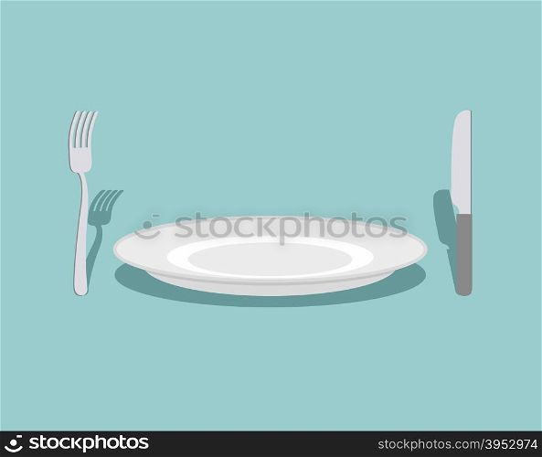 Cutlery: knife and fork, plate. On a green background. Rule table. Vector illustration&#xA;