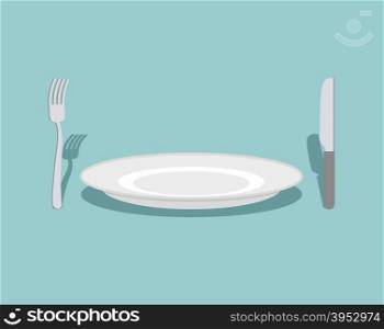 Cutlery: knife and fork, plate. On a green background. Rule table. Vector illustration&#xA;