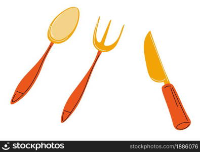 Cutlery of gold, isolated set of spoon, fork and sharp knife. Eating meal with dishware in restaurant or at home. Utensils for cooking or having breakfast, lunch, dinner. Vector in flat style. Golden cutlery, spoon and fork with knife vector