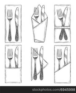 Cutlery on napkins set sketch. Cutlery on napkins sketch. Fork, knife and spoon on napkin set drawing, dinner table etiquette vector illustration