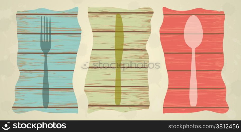 Cutlery over wooden texture, menu. vector illustration