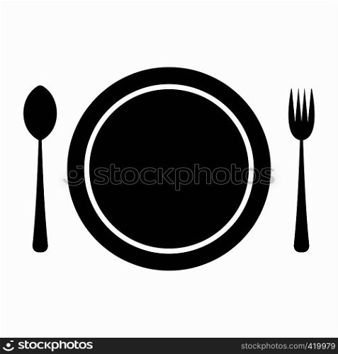 Cutlery set with plate black simple icon isolated on white background. Cutlery set with plate