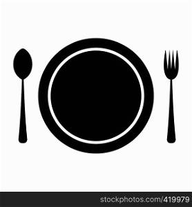 Cutlery set with plate black simple icon isolated on white background. Cutlery set with plate