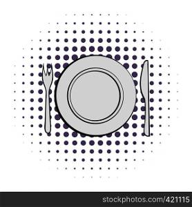 Cutlery set with plate comics icon on a white background. Cutlery set with plate comics